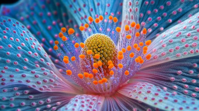 Blue flower petal with pink dots and bright orange pollen yellow stamen close up macro photography showing detailed texture vibrant colors colorful flower close up with blue petals and orange pollen