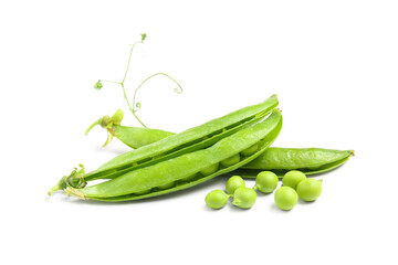 Green pea pods on white background