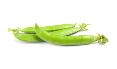 Green pea pods on white background