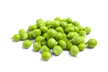 Pile of fresh green peas on color background