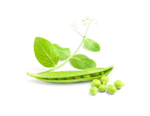 Green pea pod and leaves on white background