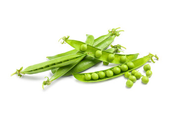 Green pea pods on white background