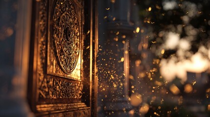 Ornate door detail bathed in golden light outdoors with bokeh background. Used for luxury themes