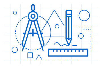 Architectural blueprint with compass, pencil, ruler and geometric shapes for engineering design, representing precision and technical drawing, modern design