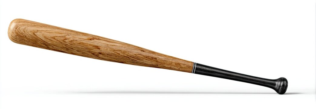 A wooden baseball bat with a light brown barrel and black handle, angled, isolated on white - Powered by Adobe