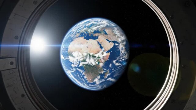 Detailed view of Earth from spacecraft porthole Sun illuminates the planet from left highlighting continents oceans and white clouds against starry deep space backdrop through the metallic frame