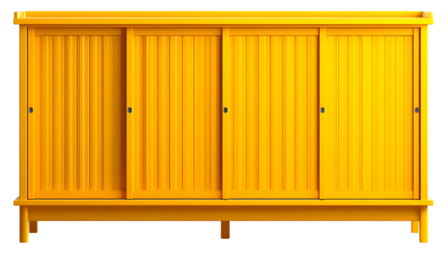 Bright yellow cabinet with sliding doors, featuring a symmetrical design against a black background, exuding a minimalist and modern aesthetic, ideal for storage solutions or interior design projects. - Powered by Adobe