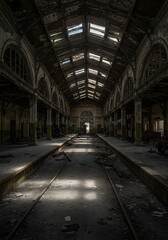 Fototapeta premium Abandoned railway station interior with decaying architecture and sunlight streaming through the