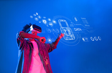 A person engages with a cyber security interface in a vibrant blue atmosphere while wearing a virtual reality headset, emphasizing data protection and innovative technology. XDMCP