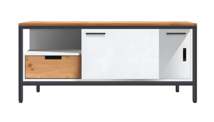 Modern, minimalist sideboard featuring a combination of natural wood, white panels, and dark metal accents.