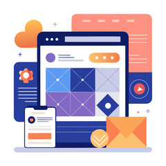 A clean, modern website and app interface mockup featuring an asymmetrical grid, overlapping geometric shapes, and bold typography on a duotone background.