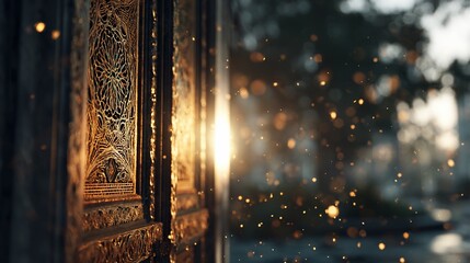 Ornate wooden door details with golden accents, sunlight filters through, bokeh effect background