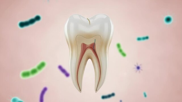 detailed 3D rendering of human tooth in cross-section showing enamel dentin and pulp A crack on top extends into the dentin surrounded by various colorful microorganisms on pink background