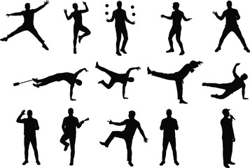 Silhouette collection of people dancing, juggling, performing breakdance, playing guitar, singing, exercising, and enjoying various fun activities illustration
