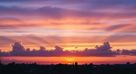 Fototapeta premium Dramatic sunset over cityscape painting the sky in warm vibrant colors