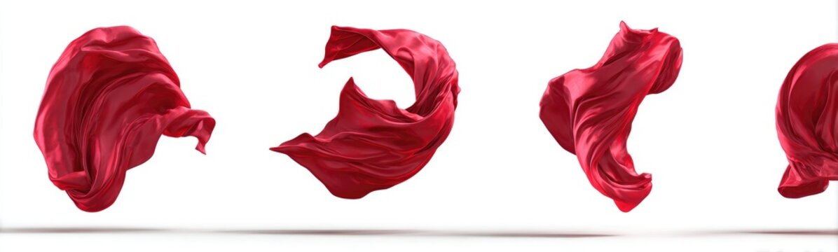 Red fabric in dynamic folds against a white background.  Four flowing crimson drapes, each with various folds and shapes, hover gracefully