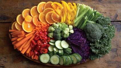 Colorful platter of arranged fruits and vegetables on wooden surface