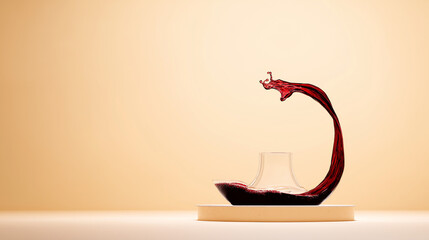 Elegant Glass Wine Decanter Pouring Deep Red Wine, Frozen Mid-Air with Graceful Arc, Beige-to-Ivory Gradient Background, Cinematic Side Lighting