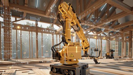 Mobile inspection robot scanning wooden building frame at construction site with digital interface, advanced automation technology, and industrial robotic arm enhancing precision and efficiency - Powered by Adobe