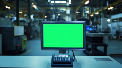 Fototapeta premium A green screen monitor in a factory setting, symbolizing digital integration for quality control or augmented reality.
