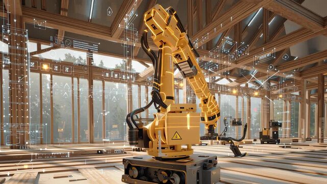 Mobile inspection robot scanning wooden building frame at construction site with digital interface, advanced automation technology, and industrial robotic arm enhancing precision and efficiency