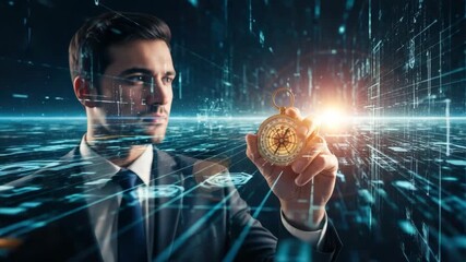 professional man in suit holds vintage compass seeking direction amidst glowing futuristic digital landscape filled with data streams symbolizing strategic navigation through technology - Powered by Adobe