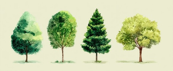 Watercolor illustration of four different trees