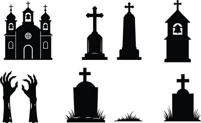 Haunted church silhouette, cemetery gravestones, spooky zombie hands, gothic cross monument, horror halloween graveyard, funeral death tombstone design vector illustration