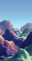 Colorful, textured mountain range against a light blue sky.  Digital landscape, vibrant hues, abstract