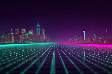 Futuristic city at night, neon-lit grid road