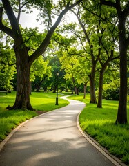 Sunny park path winding through lush greenery