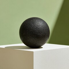 Dark sphere on a white cube, minimalist aesthetic