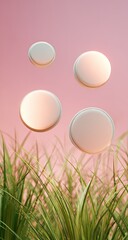 Floating circles over grass on a pink background