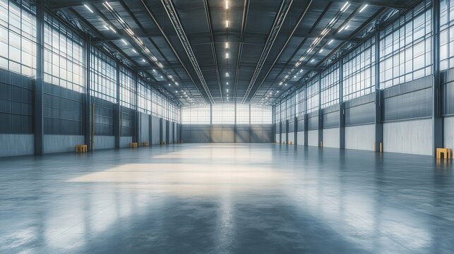 A large, empty industrial warehouse with high ceilings and concrete floors, suitable for logistics or storage concepts.