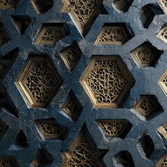 Dark stone surface with intricate gold inlay, hexagonal patterns
