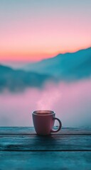 A pale pink coffee cup sits on a wooden deck, steaming, overlooking a misty mountain range at sunrise.  Soft pastel colors dominate the scene