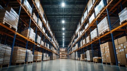 Fototapeta premium A large industrial warehouse interior with high ceilings and rows of shelving, indicating storage and logistics.