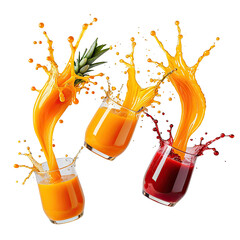 Splashing fruit juices pouring into glasses with a black background