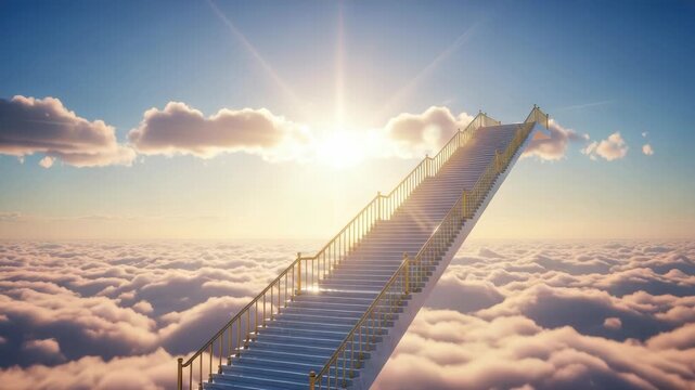 white staircase with golden railings ascends into radiant sunlit sky above vast ocean of soft pink-tinged clouds Sunbeams pierce through heavenly ethereal atmosphere