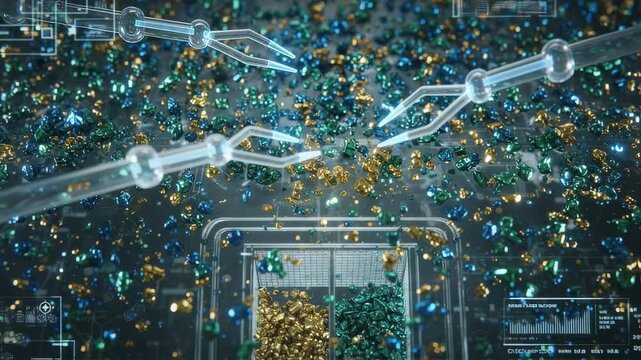 Closeup of nanotechnologydriven extraction process showcasing microscopic particles and precise manipulation for improved resource recovery efficiency using advanced microscale