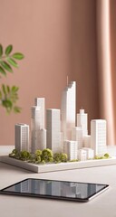 3D model city on a tablet, neutral backdrop