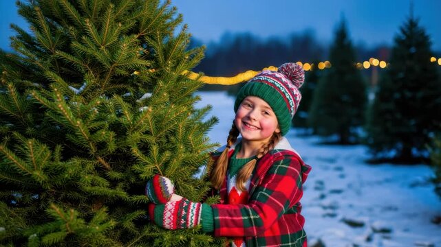 smiling girl in red plaid jacket green pompom hat and colorful patterned mittens hugs snow-dusted evergreen tree She stands in snowy tree farm with blurred warm lights
