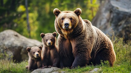 Fototapeta premium A majestic brown bear with cubs in a natural habitat, symbolizing wildlife and family.