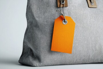 Close-up of a gray canvas tote bag with an orange price tag