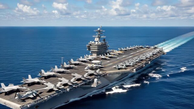 vast gray aircraft carrier bristling with numerous parked fighter jets and support aircraft sails through deep blue ocean waters under partly cloudy sky leaving long foamy wake
