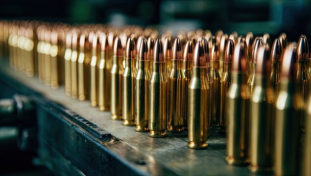 Rows of gleaming metallic ammunition shells progress along a production line