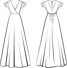 Elegant long dress fashion flat sketch, vector CAD illustration, maxi gown design template, technical drawing, apparel design, sewing pattern, clothing