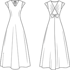 Fashion flat sketch, sleeveless dress design, technical vector illustration, front and back view, garment construction, CAD drawing, apparel template