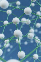 Abstract network of interconnected white spheres connected by light green lines against a blurred teal-blue background