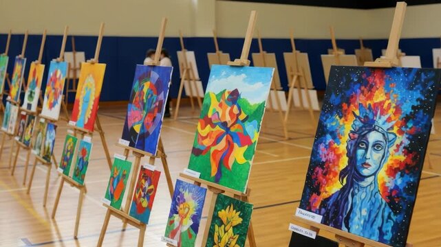 art exhibition features rows of diverse colorful paintings on wooden easels in hall Styles range from abstract to portraits and landscapes engaging visual display